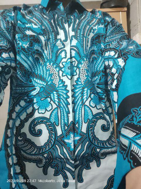 Batik Solo Khairan Biru Kemeja Pria Katun Halus Sragenan Full Furing