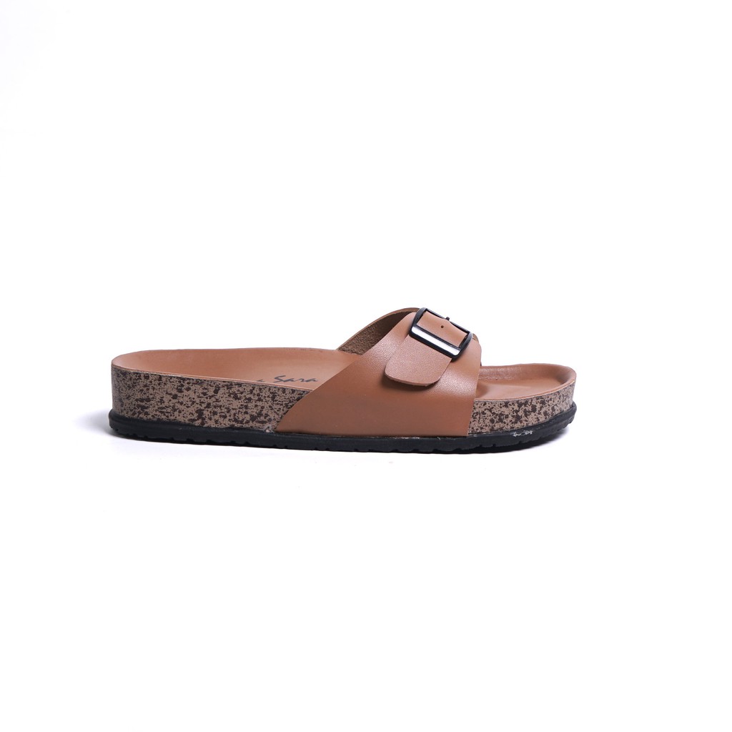Sara Sara BILLY Sandal wanita casual sandal slop kulit sol puyuh kekinian model birken single strap-Brown