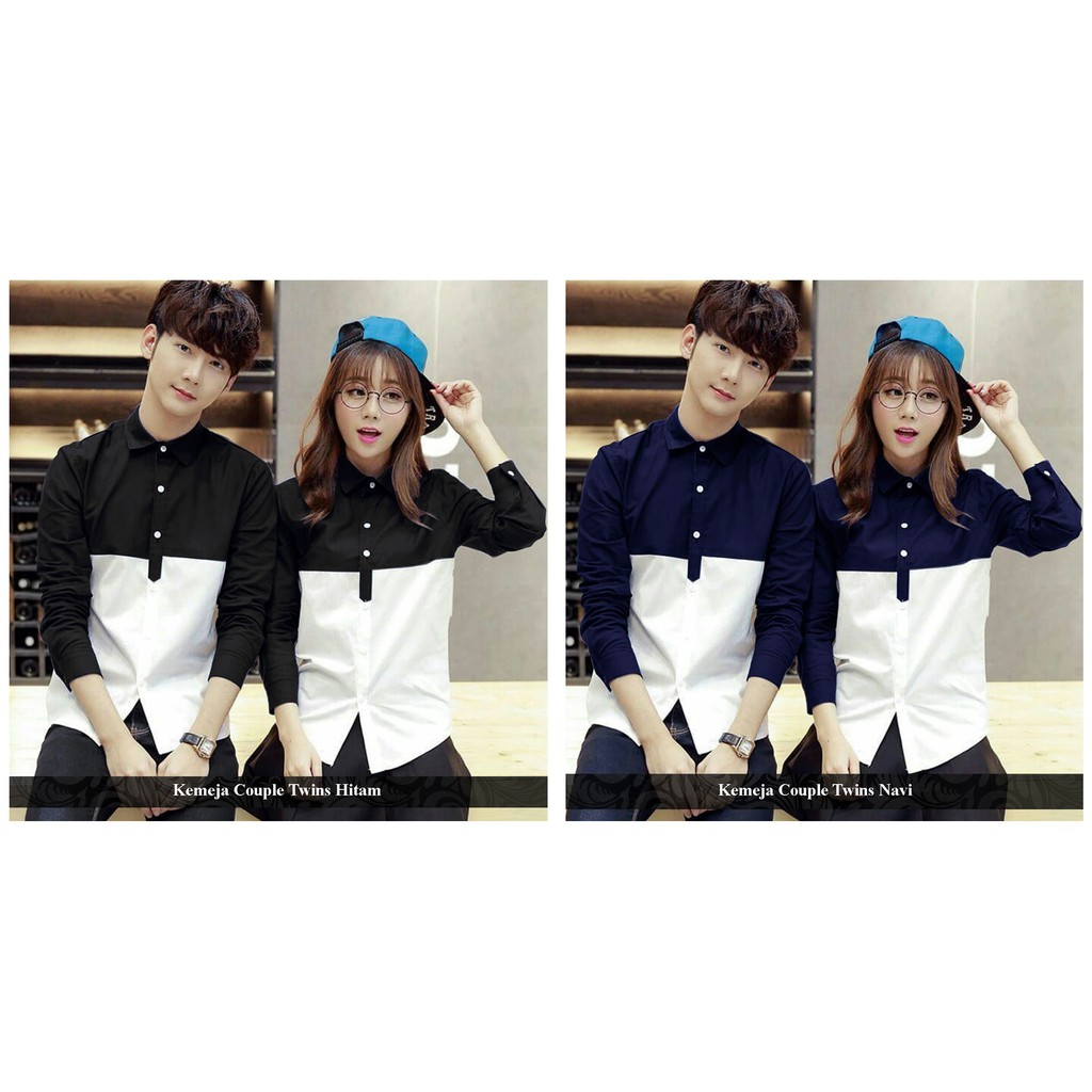 kemeja couple 2 warna simple tanpa motif hem pasangan polos formal simple twins navy hitam