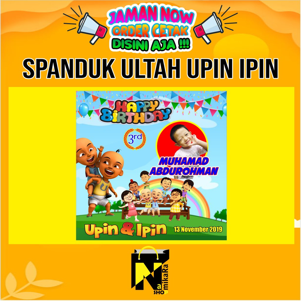 BANNER SPANDUK BACKDROP ULANG TAHUN tema UPIN IPIN ukuran 1mX1m