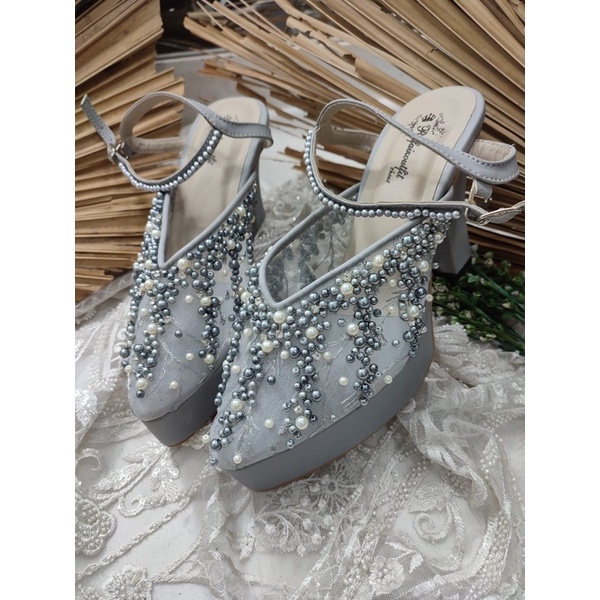 sepatu wedding wanita kiasya grey tali 10cm tahu