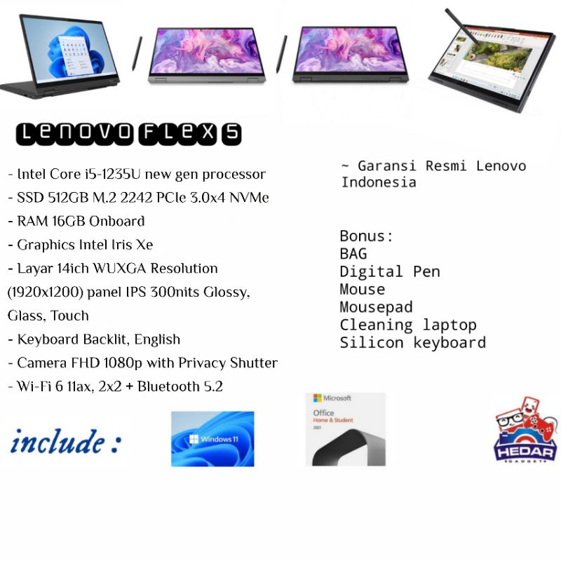 Lenovo flex 5 i5 1235U 16GB 512GB W11 OHS21 14 Touchscreen 2in1 WUXGA