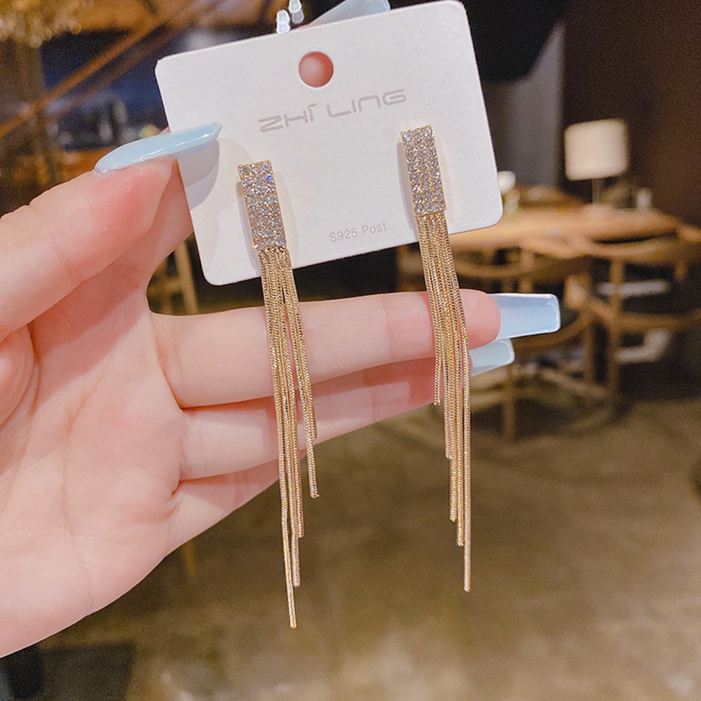 IFYOU Anting Stud Rantai Berlian Imitasi Warna Emas Perak Gaya Vintage Untuk Wanita