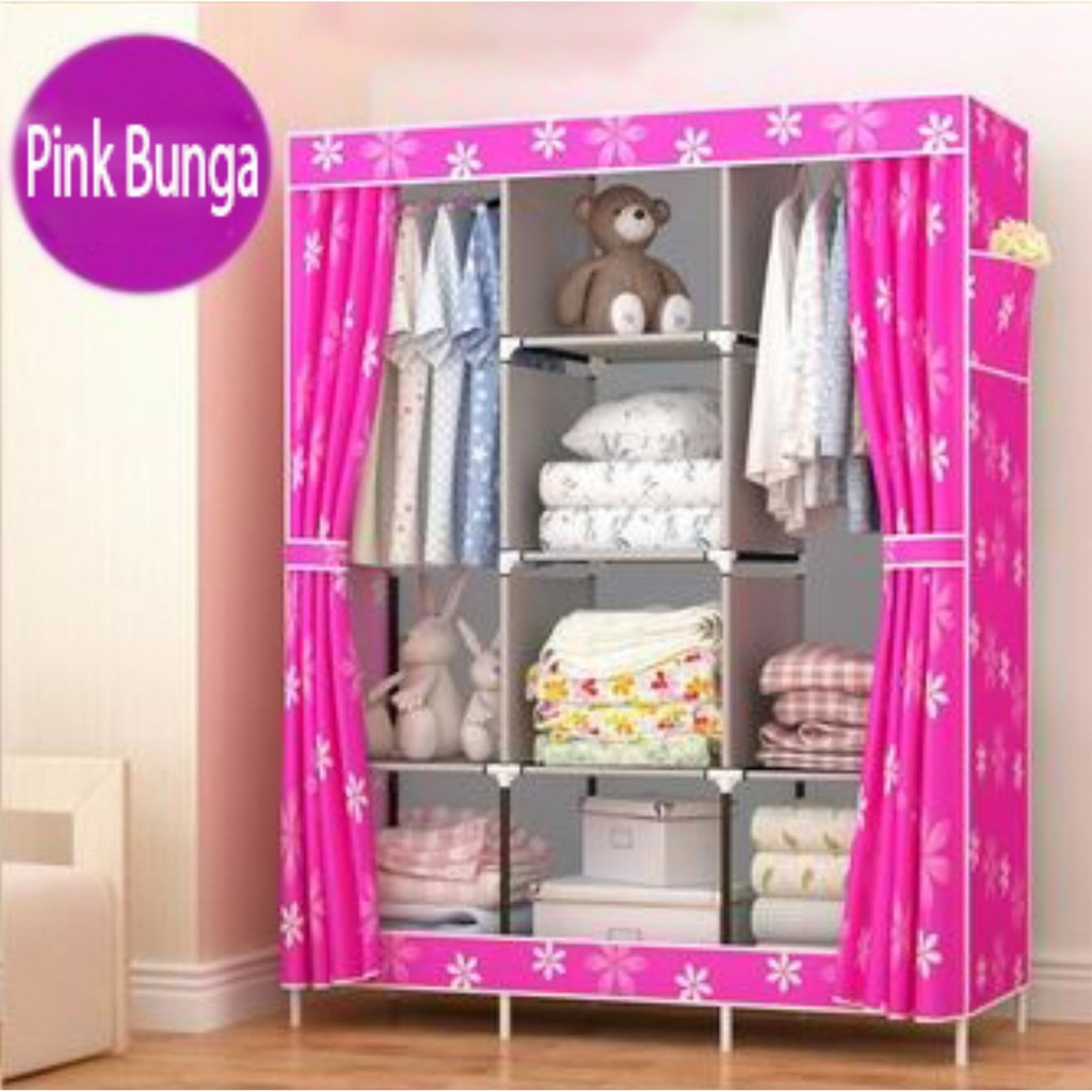 Lemari Pakaian Besar Rak JUMBO Bahan Oxford Pink Fanta Lemari Pakaian Besar Rak JUMBO Bahan Oxford Pink Fanta