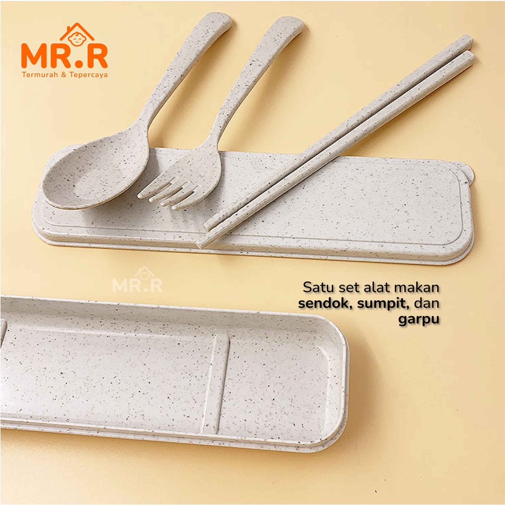 1 Set Alat Makan Sendok Garpu Sumpit + Box Plastik Jerami Wheat Straw Portable Travel Cutlery