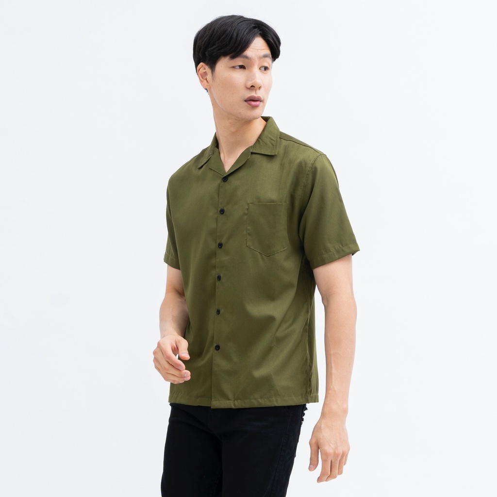 SANVANINA Kemeja Bowling Shirt Basic Army Green | Kemeja Polos Santai Hijau Army E-1445J