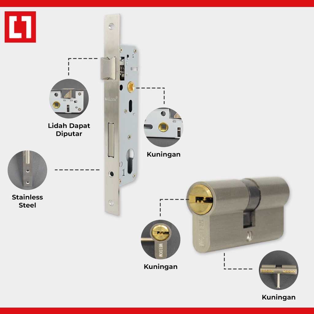 Kunci Pintu Swing Aluminium 0816 Handle Mortise Silinder 1Set - Weldom