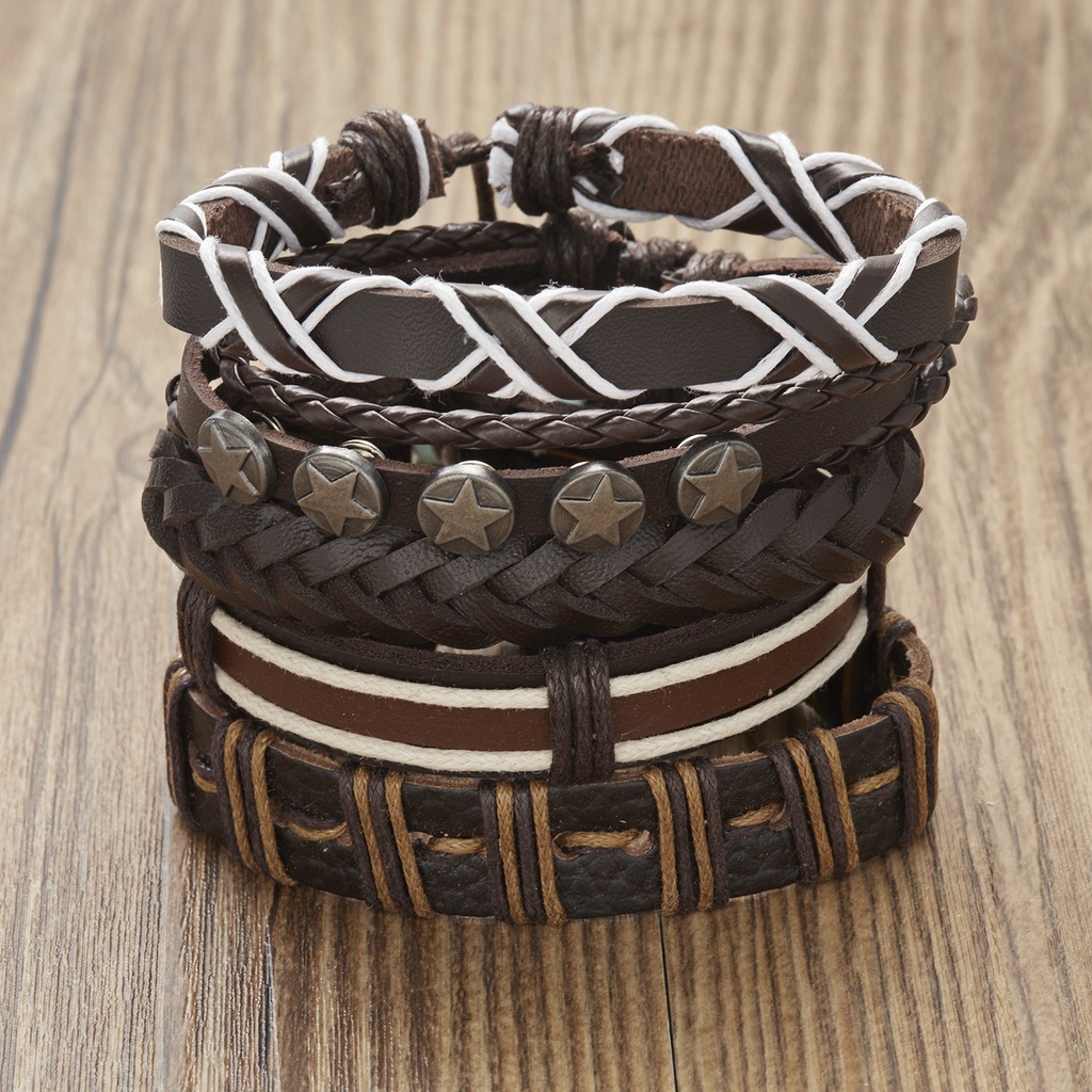 Men's Multilayer Braided Bracelet Feather Dot Cross Wrap Bracelet Leather Combination Bracelet Set