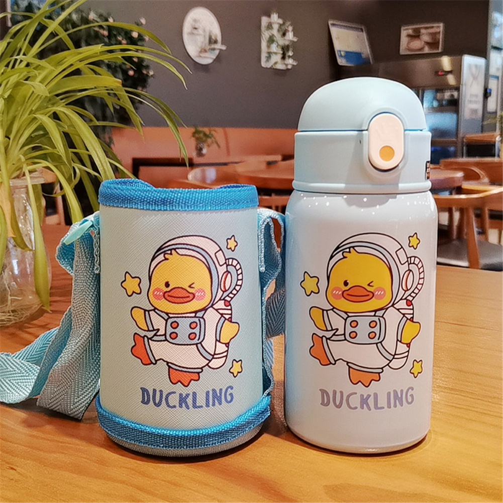 Botol Minum Thermos 400ml Bahan Stainless Steel Motif Kartun Hewan Dengan Sedotan Dan Tali Bahu Untuk Anak