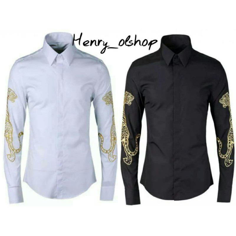 KEMEJA PRIA TIGER MOTIF BORDIR LENGAN ASLI BAJU BORDIRAN MACAN HARIMAU PAKAIAN COWOK KEKINIAN LAKI