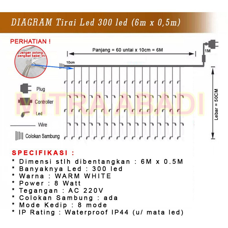 Lampu Natal Tirai LED 300 LED Ukuran 6m x 0.5m