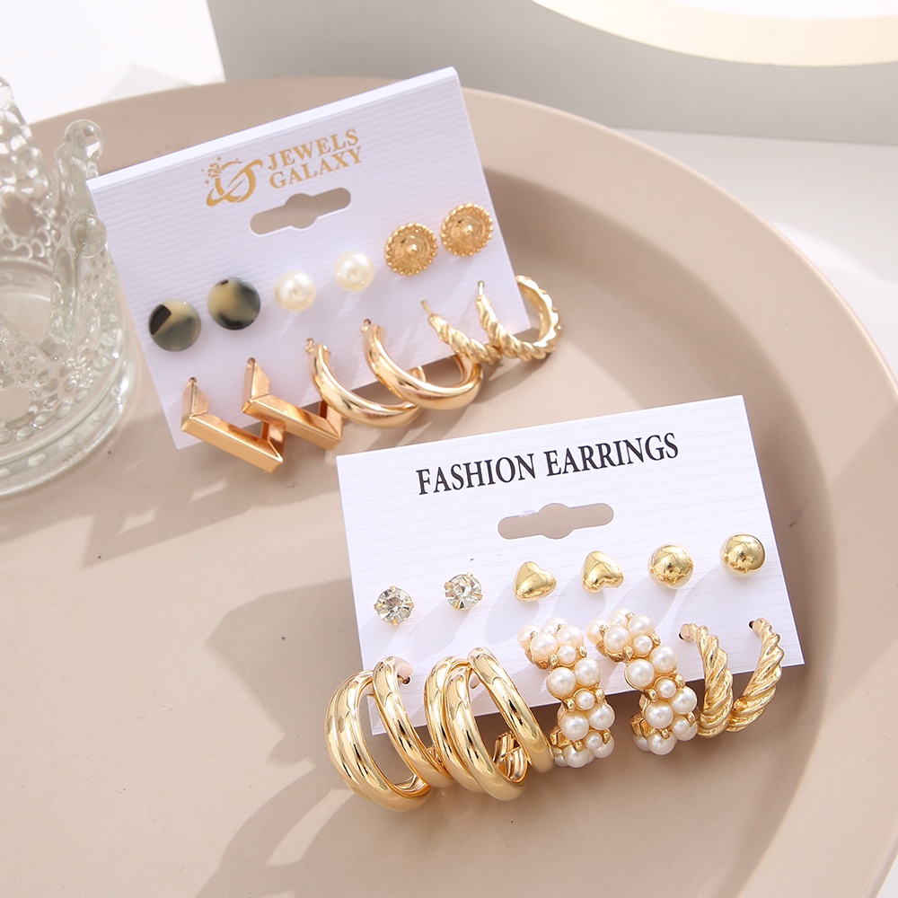 YEEZII 12 Pcs / Set Anting Stud Berlian Mutiara Bentuk Hati Warna Emas Untuk Aksesoris Perhiasan Wanita