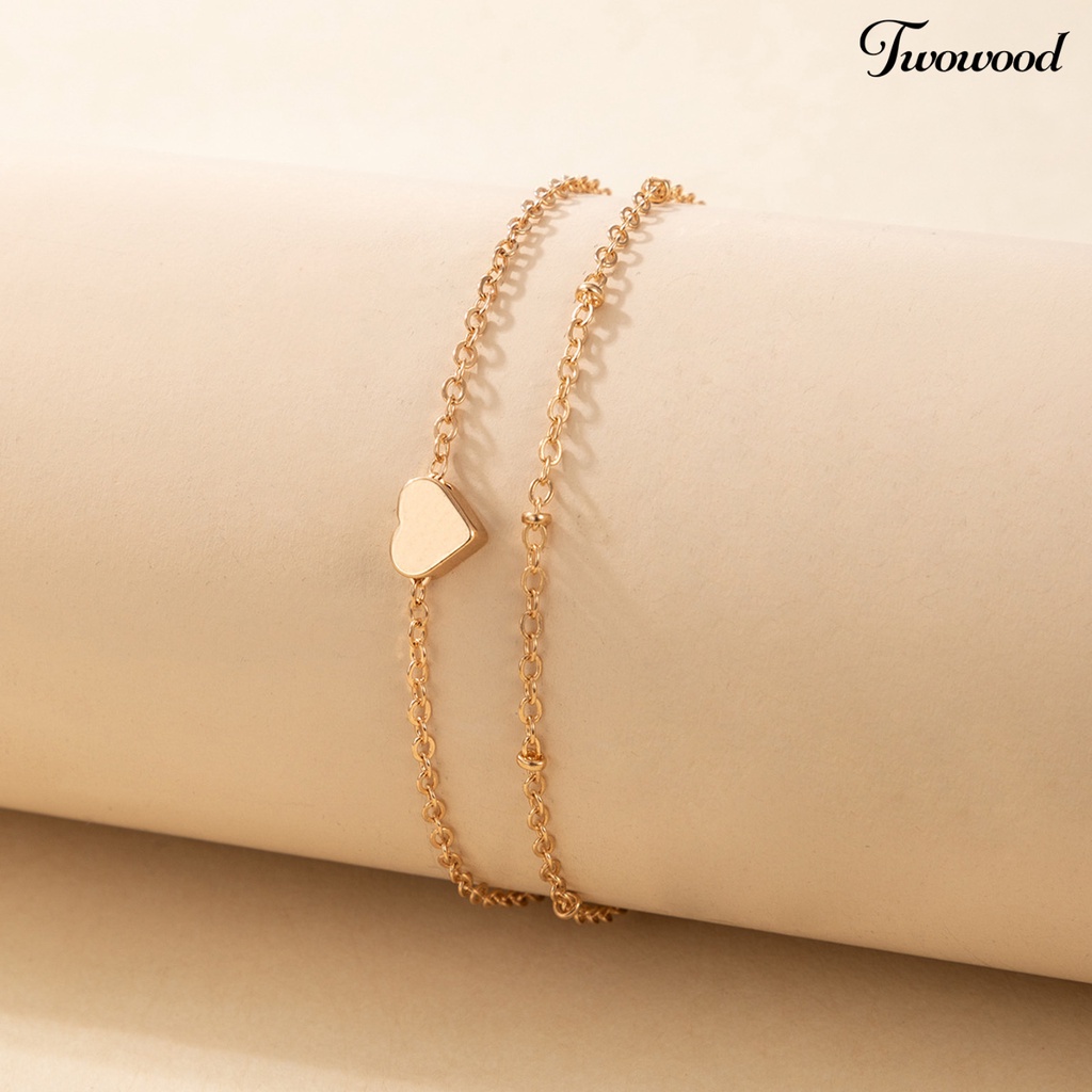 Twowood Double Layered Women Anklet Heart Pendant Alloy Adjustable Elegant Chain Anklet Foot Jewelry