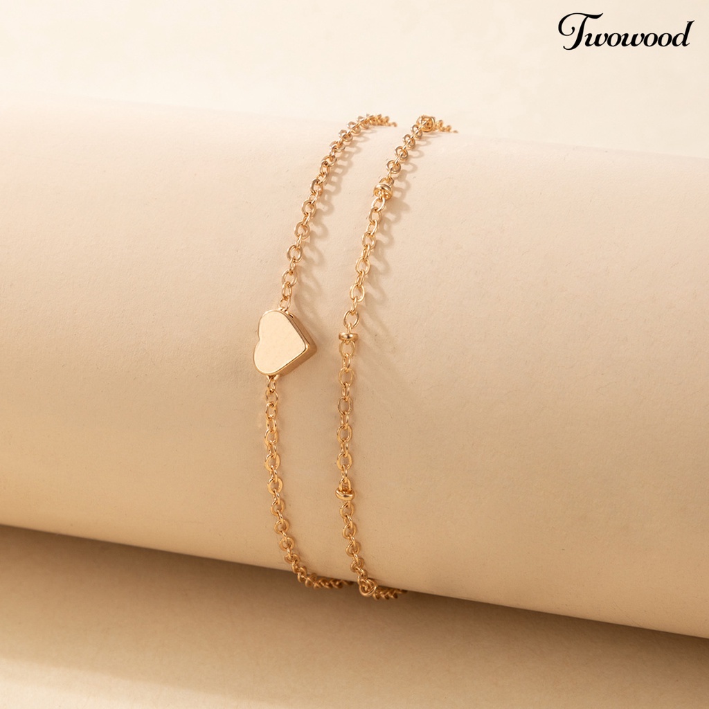 Twowood Double Layered Women Anklet Heart Pendant Alloy Adjustable Elegant Chain Anklet Foot Jewelry