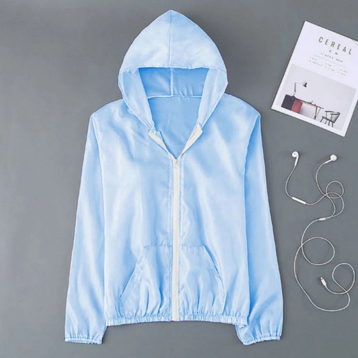 Jaket Transparan Korea Hoodie Wanita Parasut Fashion Sport - Biru Tua Cuci Gudang
