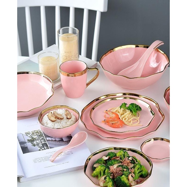 (Garansi Pecah) piring keramik dan mangkok keramik Gold Rim pink dan crem Ceramic  bowl and plate