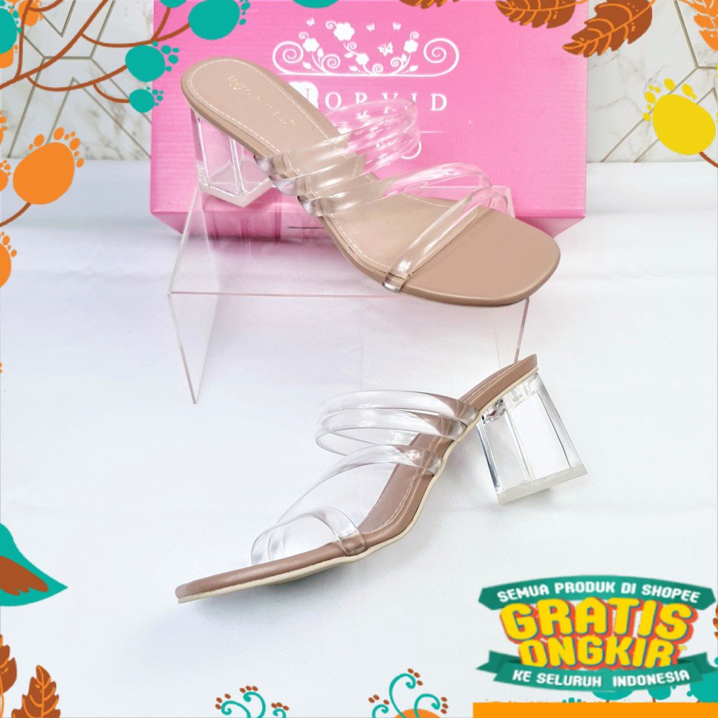 sepatu sendal pink salem grey ungu hijau muda tua dark light / Norvid strappy transparent heels NGS1