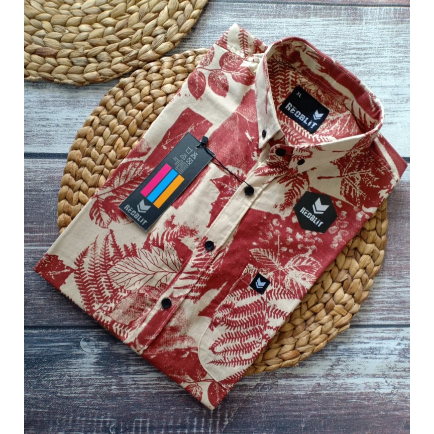 01 Real Pic Kemeja Motif Lengan Pendek merek REDBLIT Bahan Rami/Linen-GAMBAR 10
