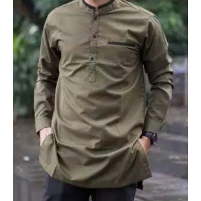 BAJU KOKO KURTA LENGAN PANJANG PRIA DEWASA (MATT KATUN TOYOBO ORIGINAL) SIZE M L XL XXL-Panjang army