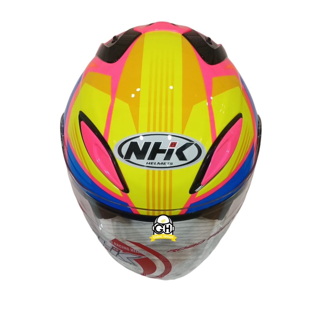 HELM NHK R6 MOTIF STARCO PINK FLO YELLOW BLUE HALF FACE NHK R6 MOTIF