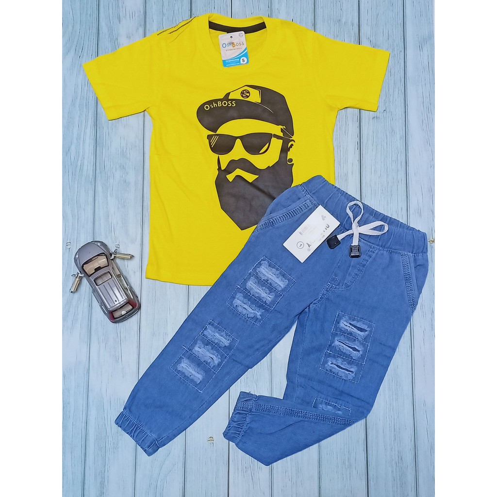 COD BAJU STELAN ANAK LAKI LAKI KAOS ABADI DAN CELANA JEAN RIPPED USIA 1-10 THN BAGIAN 1-TOPI JENGGOT KUNING