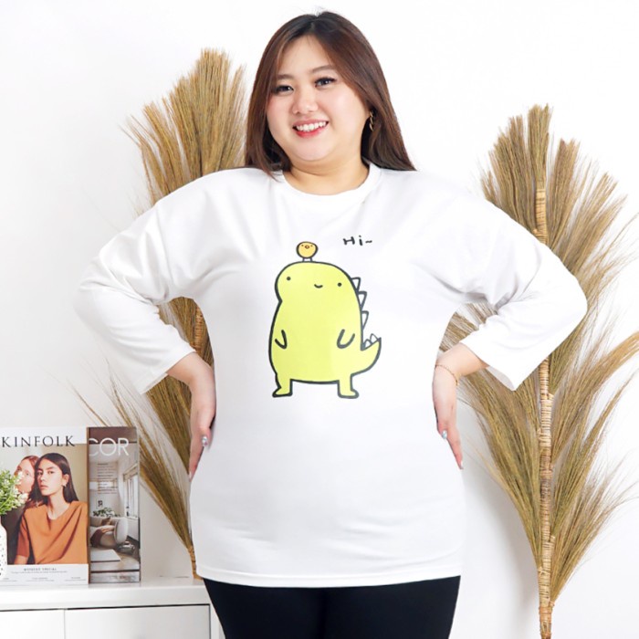 Kaos wanita jumbo ld 120 atasan wanita lengan panjang oversize dino - Putih