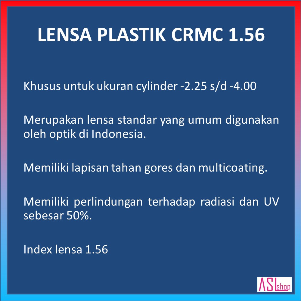 LENSA REGULER CRMC 1.56 CYL -2.25 s/d -4.00 / Lensa Standard Optik