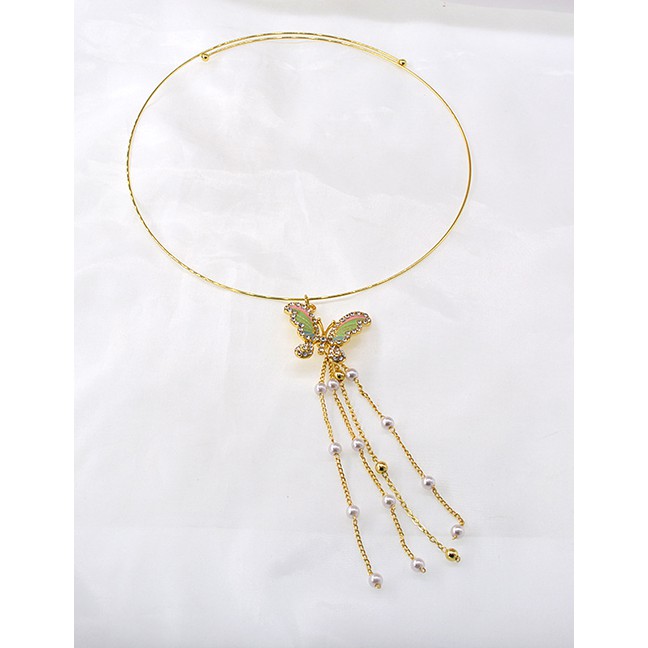 LRC Kalung Fashion Golden Butterfly Diamond Tassel Chain Clavicle K18773