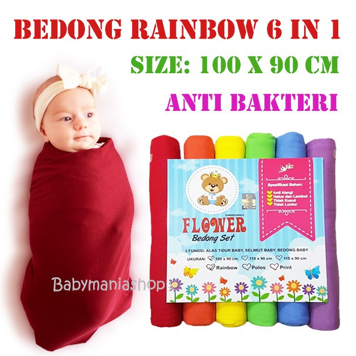 Bedong Rainbow isi 6pcs Kain Bedong Flower Bedong Bayi 6in1 Polos Selimut Swaddle Wrap Baby Babymani