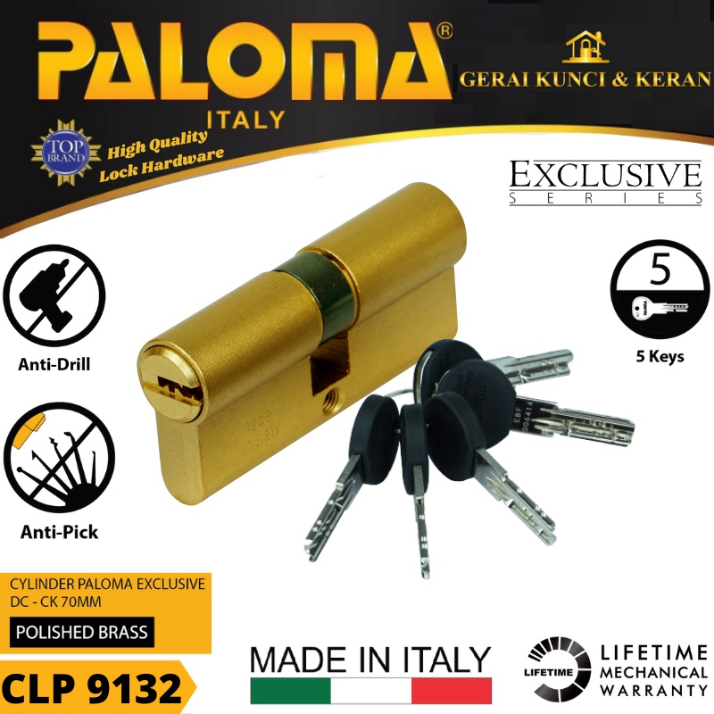 PALOMA CLP 9132 CYLINDER ITALY 70 MM EXCLUSIVE KUNCI PINTU GOLD POLISHED BRASS