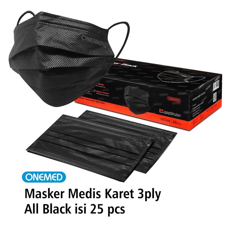 Masker Karet Medis 3ply All Black Onemed Box Isi 25