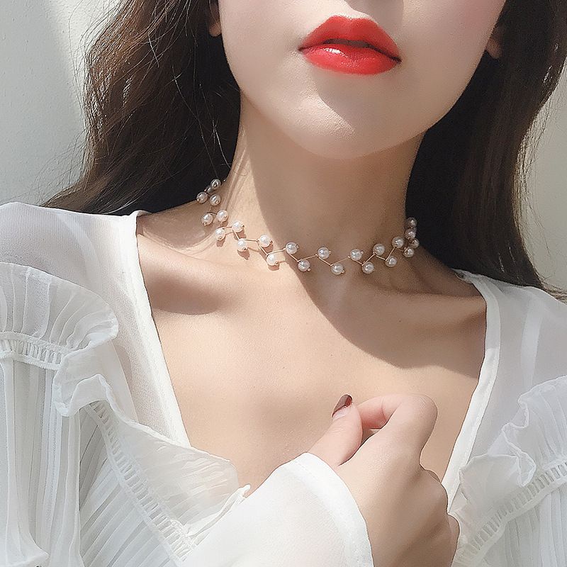 Cecilia Pearl Klavikula Ranting Choker Necklace Model Zigzag Rantai Korean Mutiara Kalung Korea