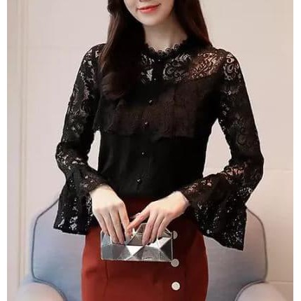 New Session Import Lace Blouse Brukat Atasan Lengan Panjang Brokat Hitam Putih Cre - Hitam, S Barang