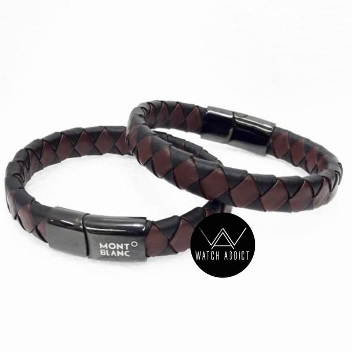 Gelang Tangan Pria Cowok Montblanc Titanium Kulit Kombi Hitam Coklat