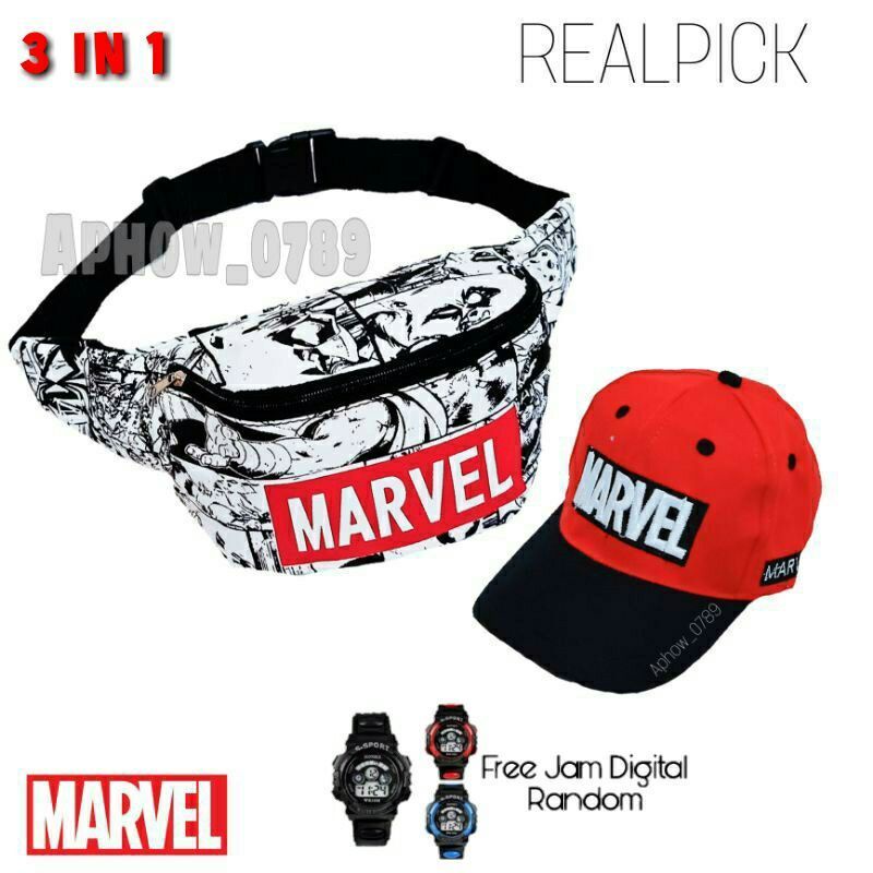Paket Murah 3in1 Tas pinggang Waist bag anak Marvel/free topi baseball dan jam tangan GShock