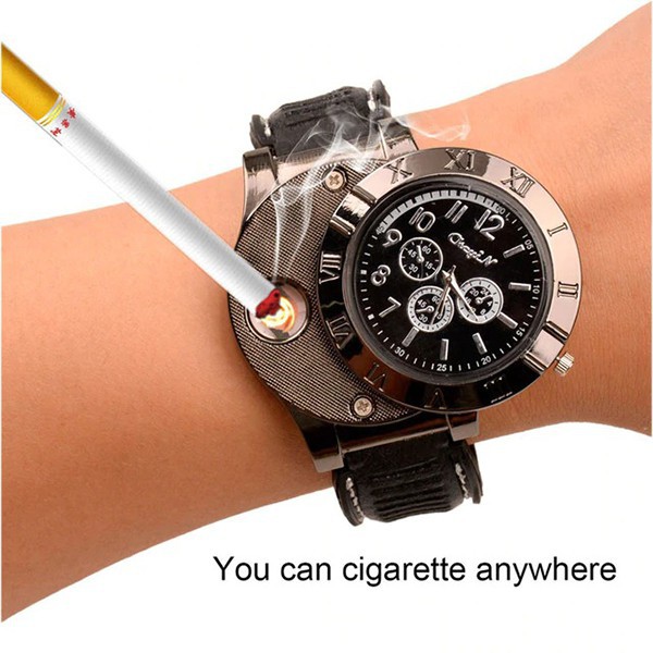 jam tangan pria anti air Korek Api Elektrik USB Rokok Cigarrete Lighter Watch Analog 45 N4G6 rantai 