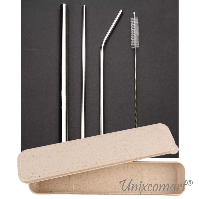 Set Sedotan Stainless Steel Straw Reusable 5 in 1 ( 3 sedotan 1 sikat 1 box atau Pouch )