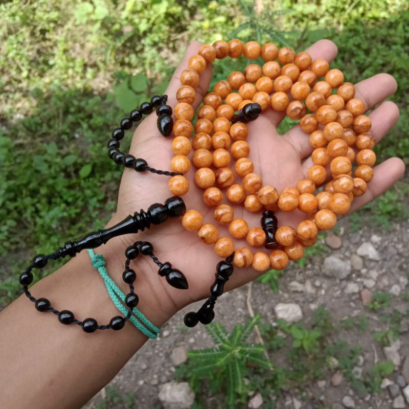 Tasbih Batu Coral Orange Marjan Orange Kepala Kayu Kelor Hitam Asli 99 Butir