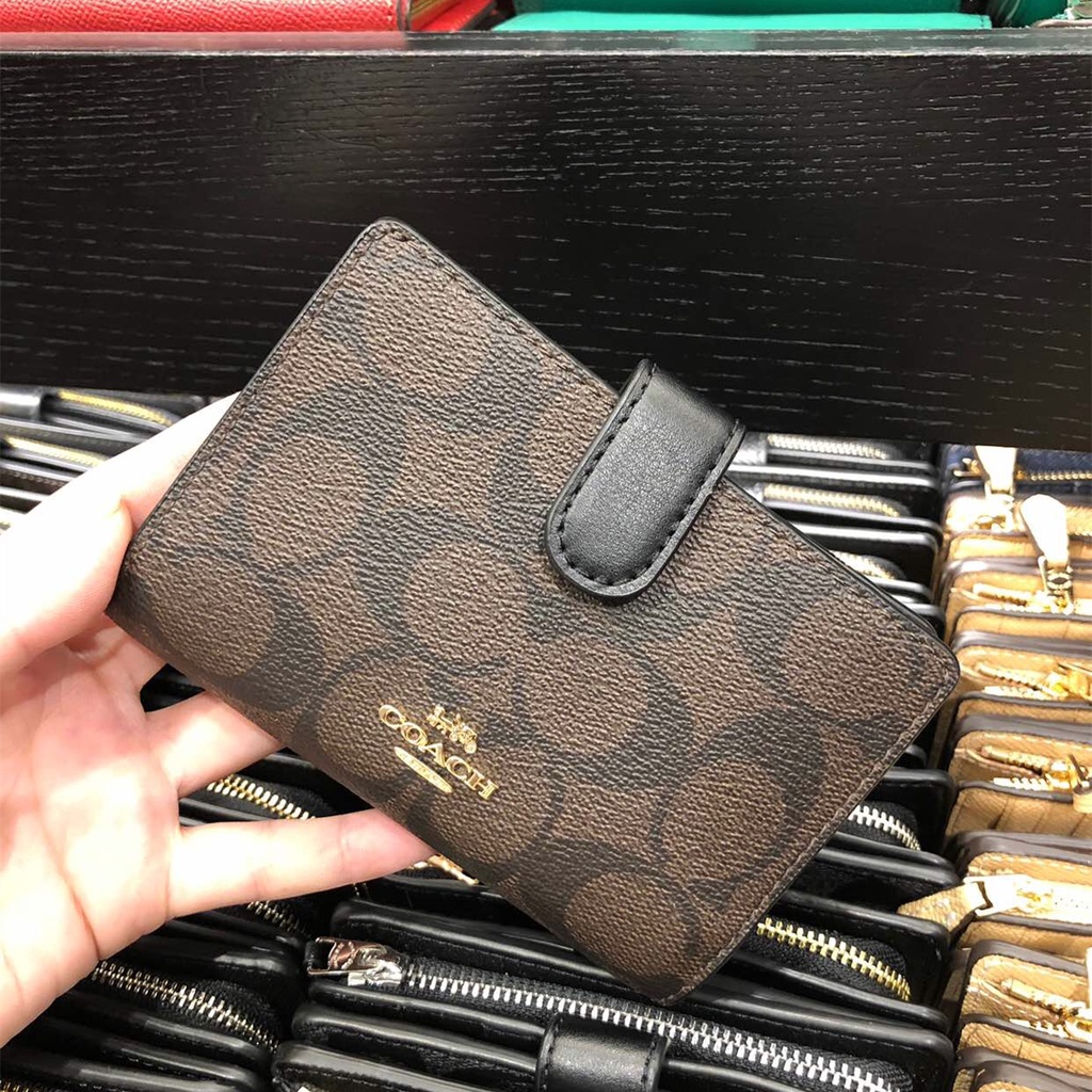 COACH Ladies folding purse card bag pocket wallet signature canvas wallet corner zip wallet Coach Tas Wanita Coach Dompet Wanita Coach Dompet Lipat