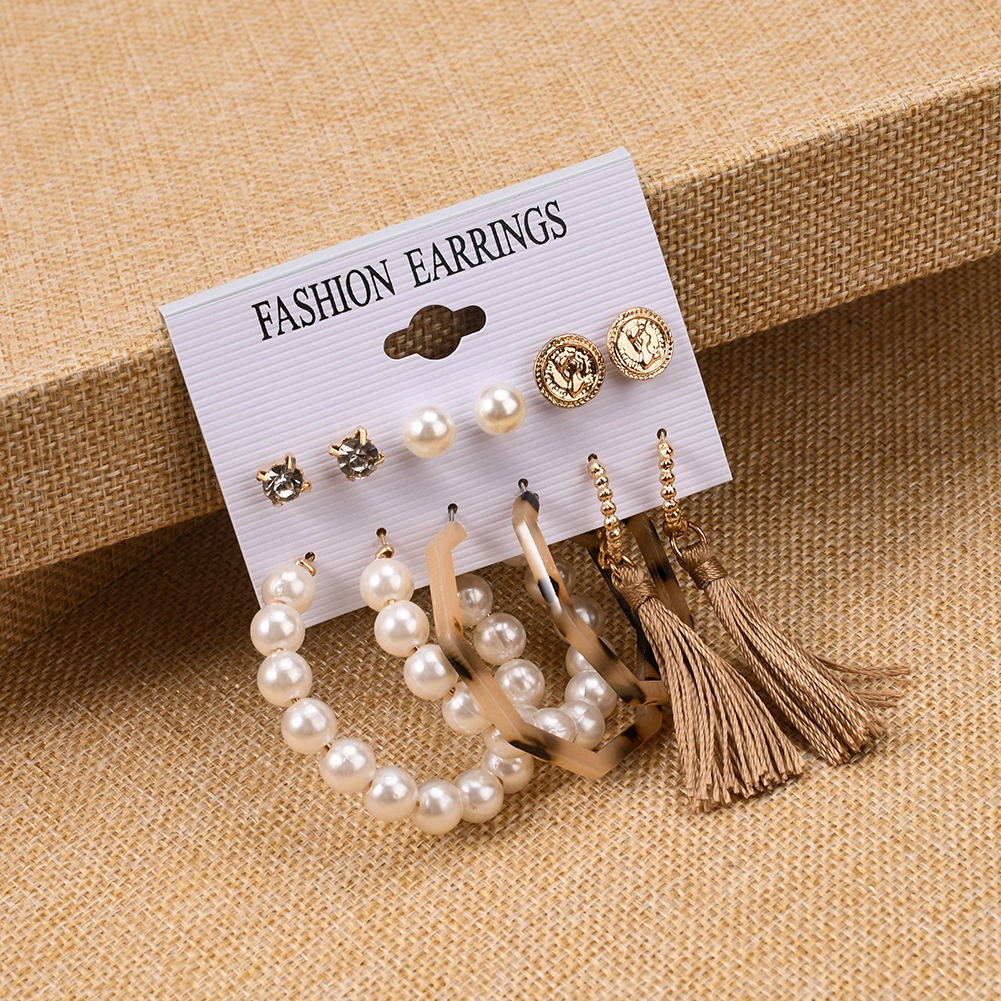 6 Pasang / set Anting Stud Bentuk Lingkaran Aksen Mutiara Bahan Akrilik Untuk Wanita