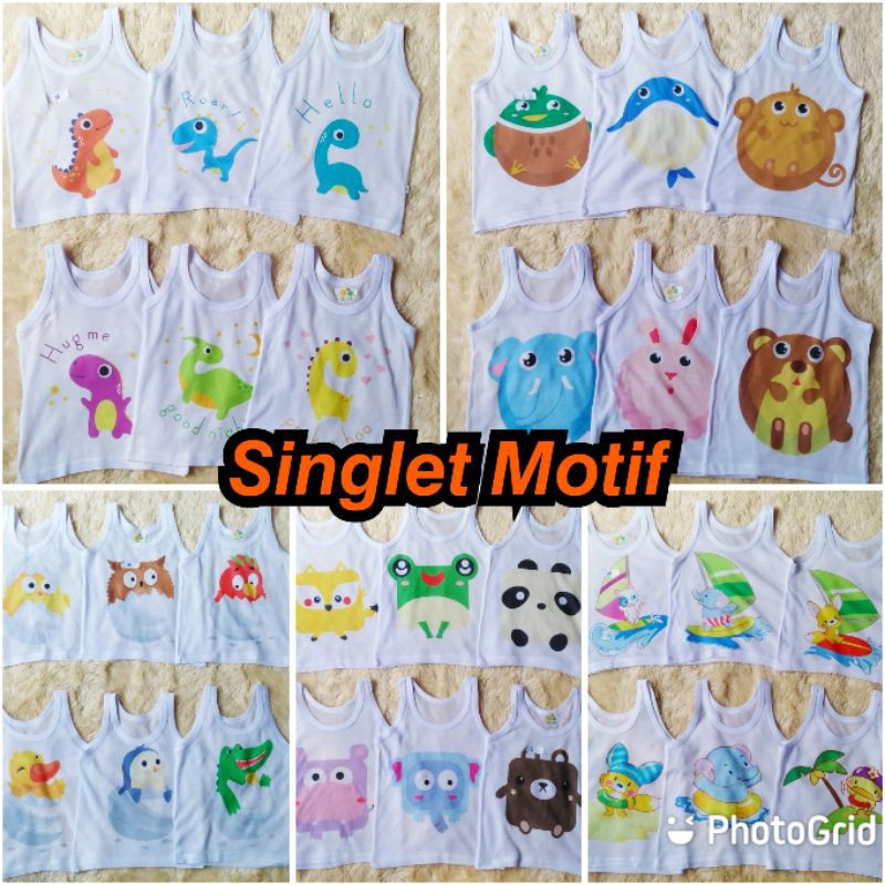 Kaos Dalam Bayi SINGLET Kutung PUTIH Motif Karakter Usia 0 sd 24 Bulan Unisex