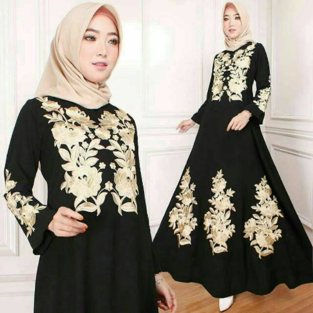 Terlaris New Abaya Gamis Hitam Gold Bordir Bunga