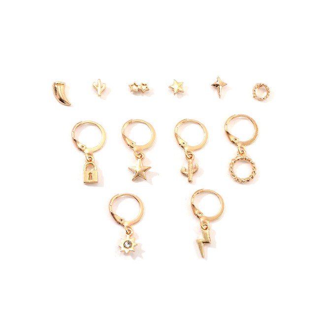 LRC Anting Tusuk Fashion Golden Lightning Pentagram Diamond Cactus Alloy Stud Earring Set D94458