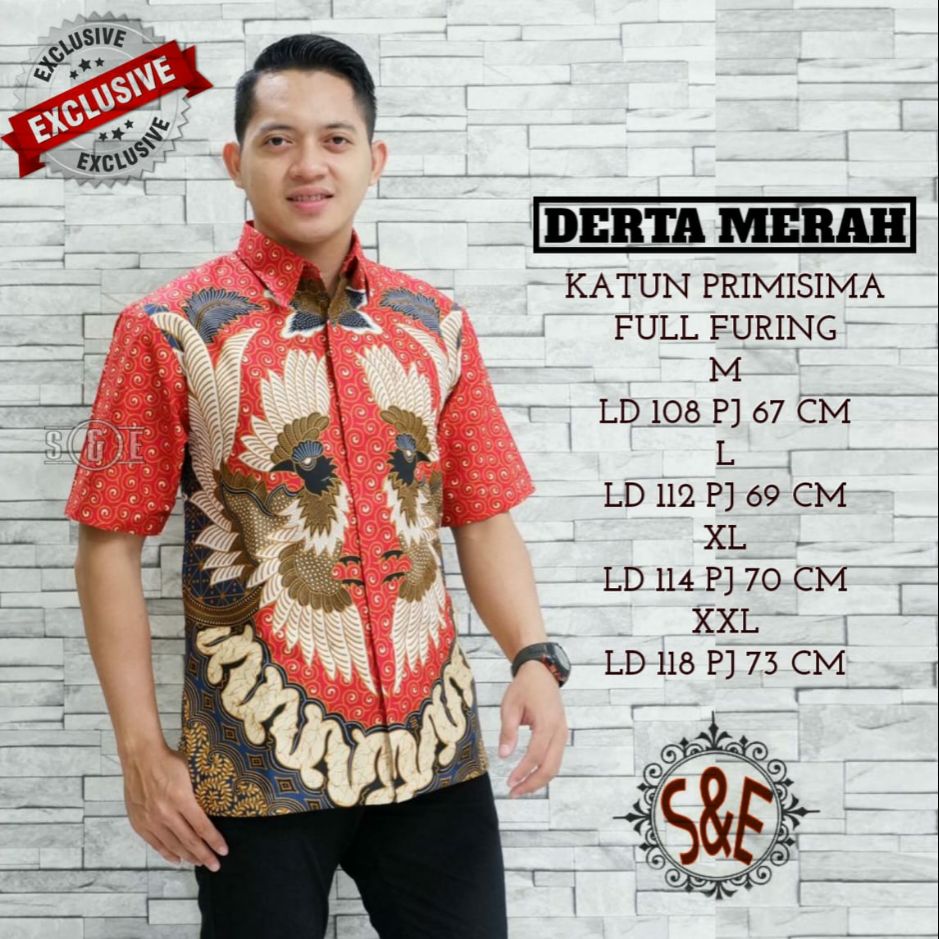 Kemeja Batik Lengan Panjang Warna Merah DERTA MERAH Baju Batik Pria Lapis Furing