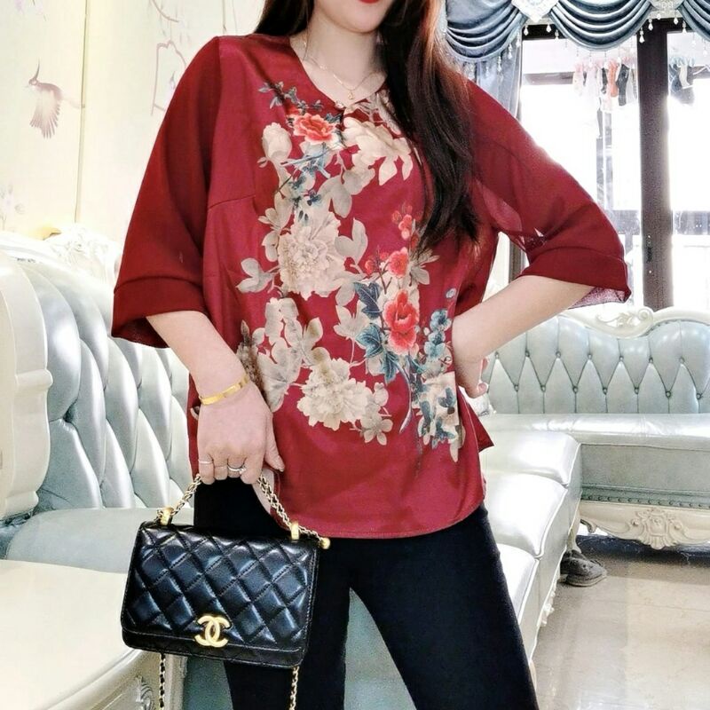 0001 CNY Baju atasan blouse pesta imlek wanita import terbaru baju atasan blouse motif bunga print i