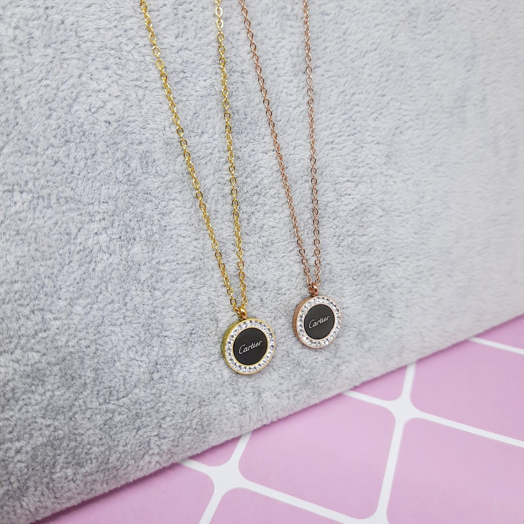 Kalung Titanium Liontin Bulat Hitam Korean Style Rose Gold - BN434