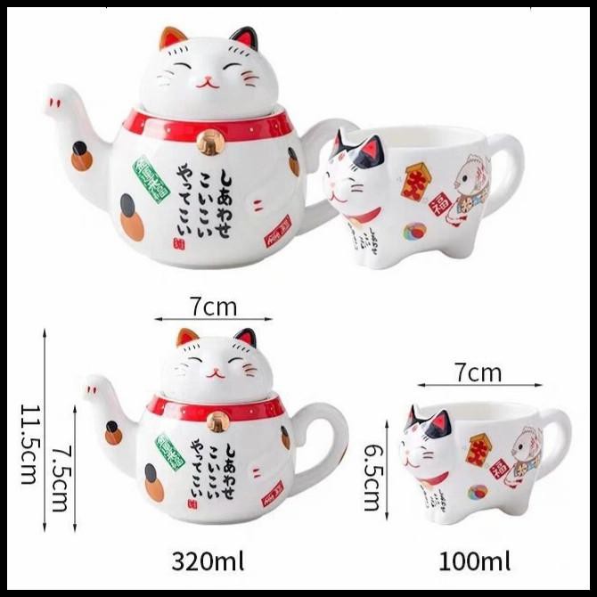 Teko Gelas Set Keramik Maneki Neko Kucing Hoki Kado Ultah Tea Set