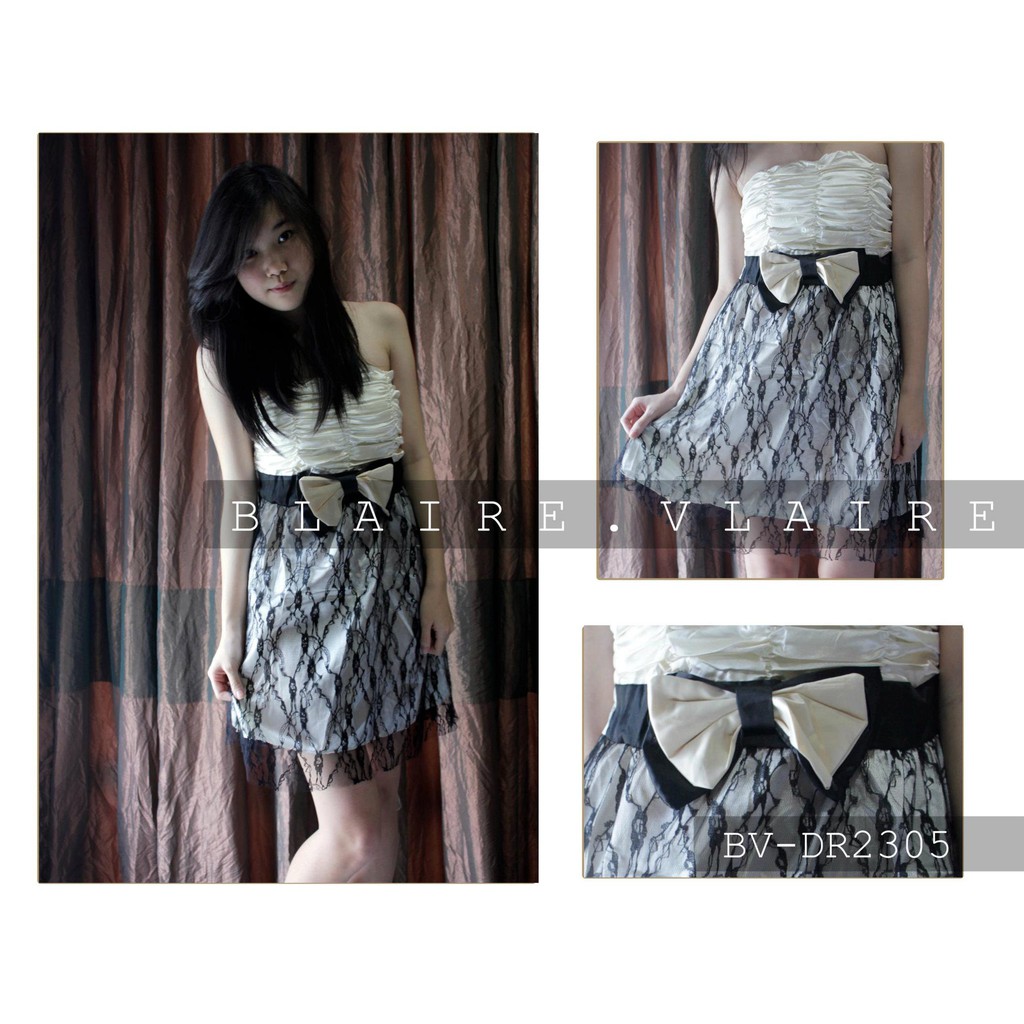Short dress brukat pita untuk party / pesta warna hitam dan gold putih