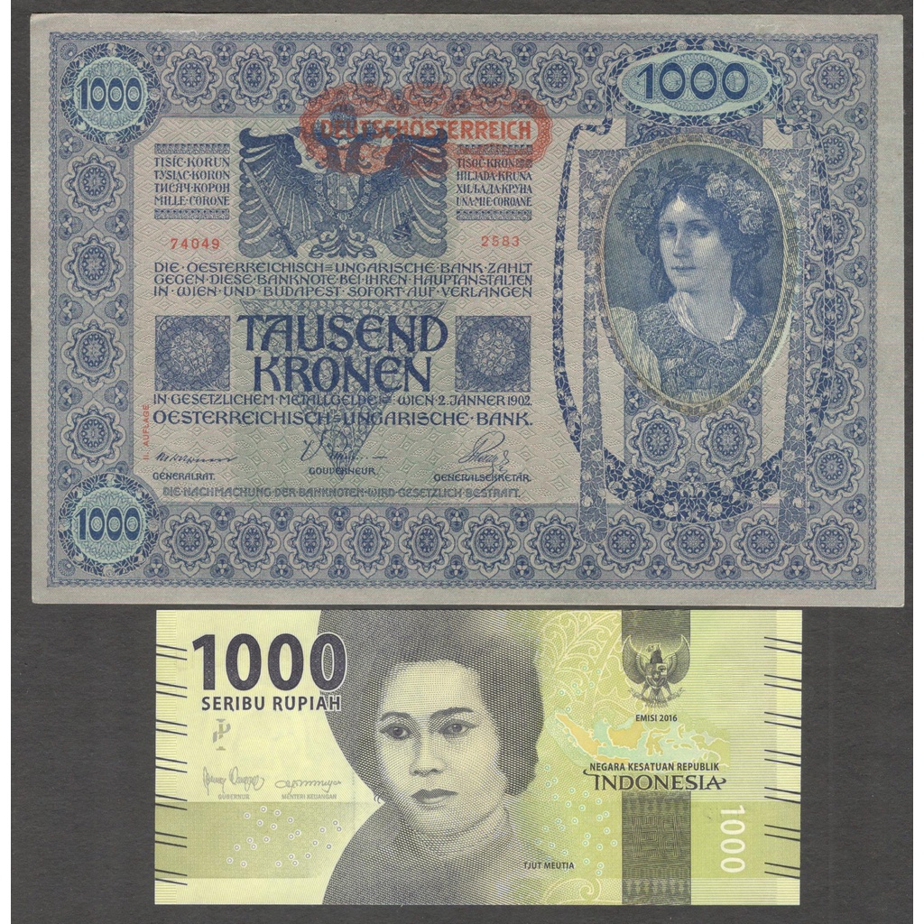 Uang Kertas Jumbo Austria 1000 Kronen 1902 AUNC Desain Artistik & Kuno