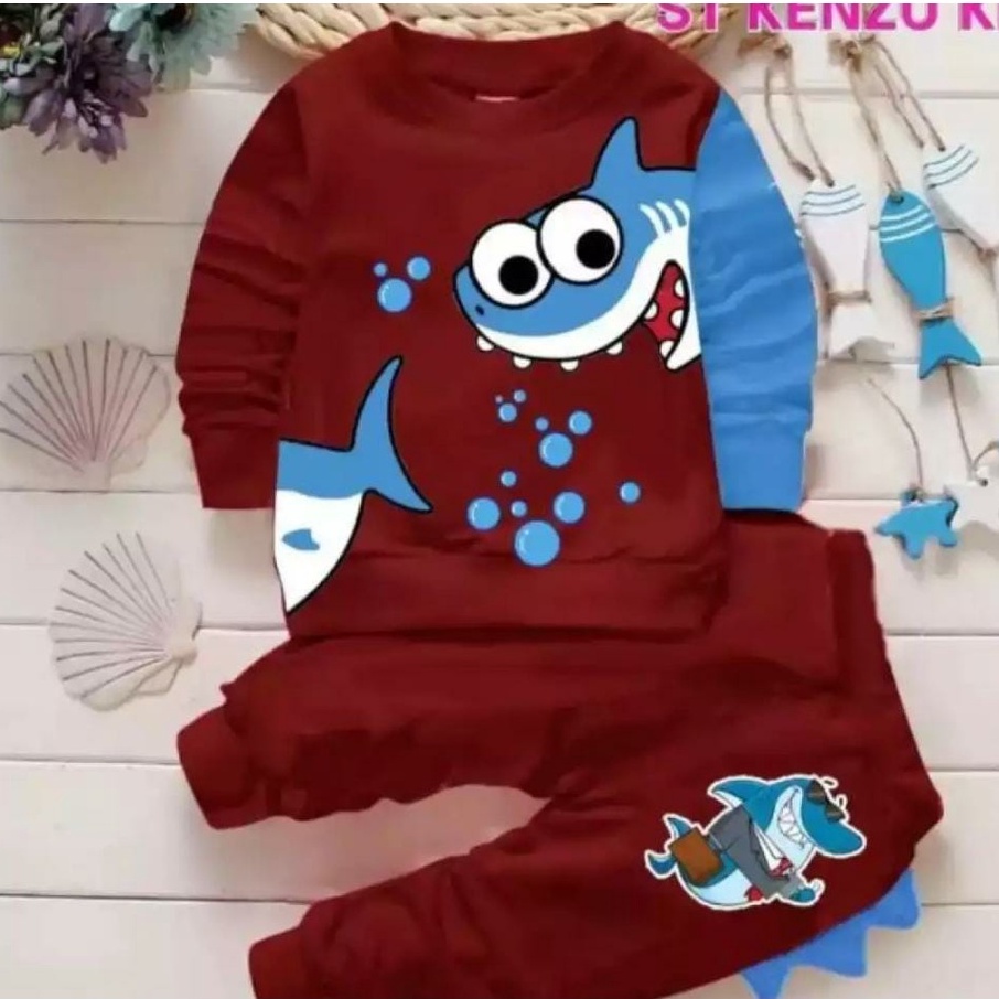 Setelan anak laki laki dan perempuan motif hiu baju anak 1-5 tahun sweater joger anak terlaris